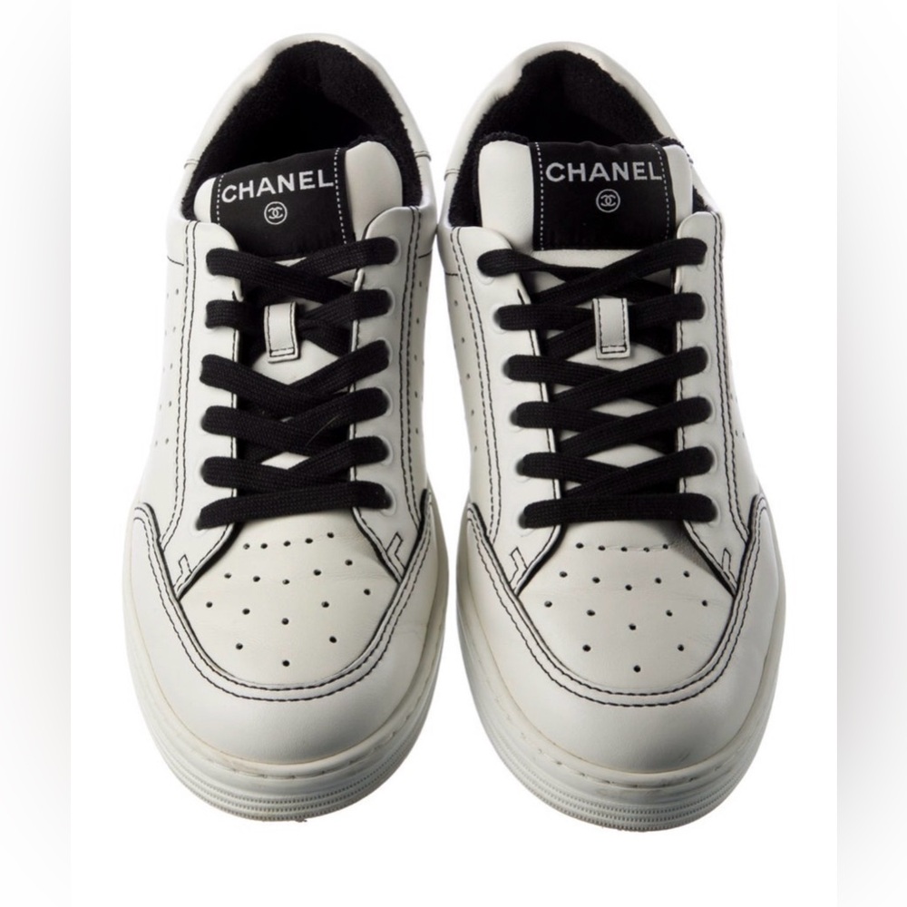 Chanel White & Black Leather Low-Top Sneakers